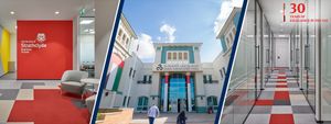 Photo shows three views of the inside and outside of the Strathclyde Business School in the UAE
